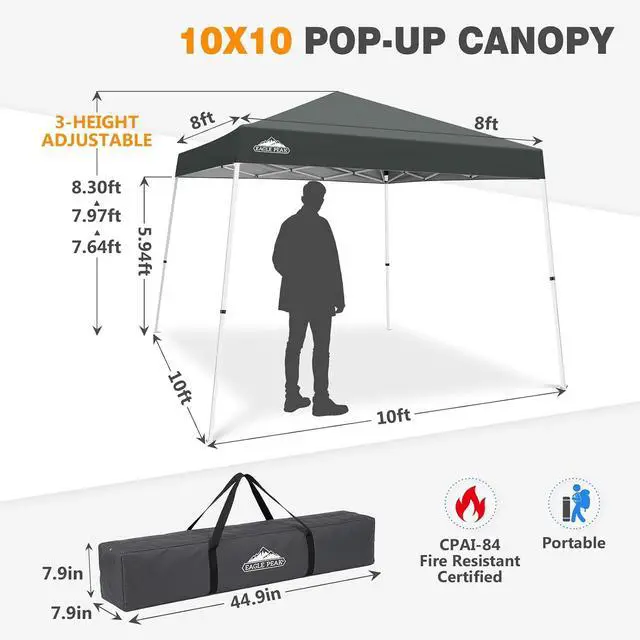 Alt view image 3 of 7 - 10x10 Slant Leg Pop-up Canopy Tent Easy One Person Setup Instant Outdoor Beach Canopy Folding Portable Sports Shelter 10x10 Base 8x8 Top (Gray)