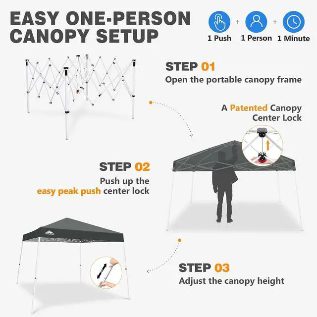 Alt view image 6 of 7 - 10x10 Slant Leg Pop-up Canopy Tent Easy One Person Setup Instant Outdoor Beach Canopy Folding Portable Sports Shelter 10x10 Base 8x8 Top (Gray)