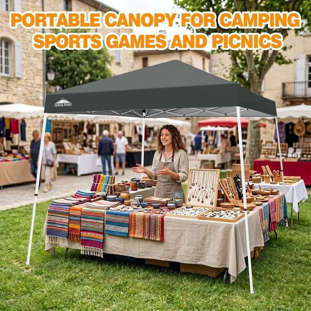 Alt view image 5 of 7 - 10x10 Slant Leg Pop-up Canopy Tent Easy One Person Setup Instant Outdoor Beach Canopy Folding Portable Sports Shelter 10x10 Base 8x8 Top (Gray)