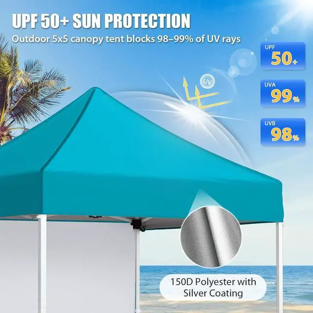 Alt view image 2 of 7 - Pop up Canopy 5x5, Outdoor Portable Canopy Tent with One Removable Sunwall, Carry Bag Included, Turquoise