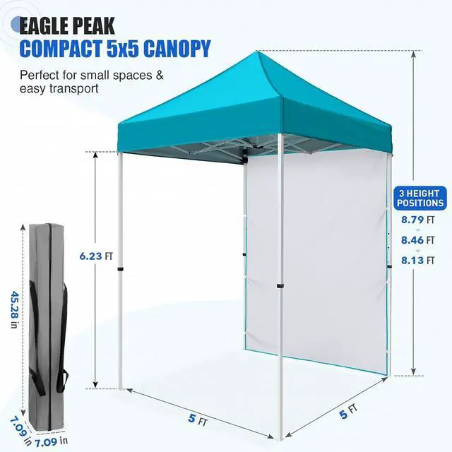 Alt view image 3 of 7 - Pop up Canopy 5x5, Outdoor Portable Canopy Tent with One Removable Sunwall, Carry Bag Included, Turquoise