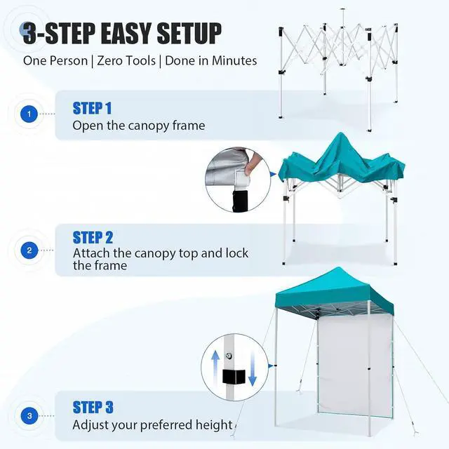 Alt view image 7 of 7 - Pop up Canopy 5x5, Outdoor Portable Canopy Tent with One Removable Sunwall, Carry Bag Included, Turquoise