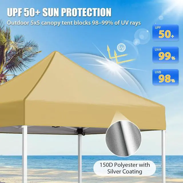 Alt view image 2 of 7 - 5x5 Pop Up Canopy Tent Instant Outdoor Canopy Easy Set-up Straight Leg Folding Shelter, Beige