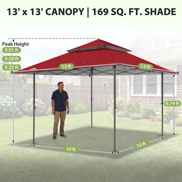 Alt view image 3 of 7 - 13x13 Straight Leg Pop Up Canopy Tent Instant Outdoor Canopy Easy Single Person Set up Folding Shelter w/Auto Extending Eaves 169 Square Feet of Shade (Red)