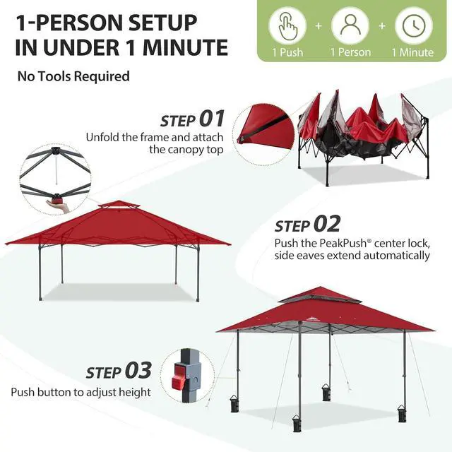 Alt view image 7 of 7 - 13x13 Straight Leg Pop Up Canopy Tent Instant Outdoor Canopy Easy Single Person Set up Folding Shelter w/Auto Extending Eaves 169 Square Feet of Shade (Red)