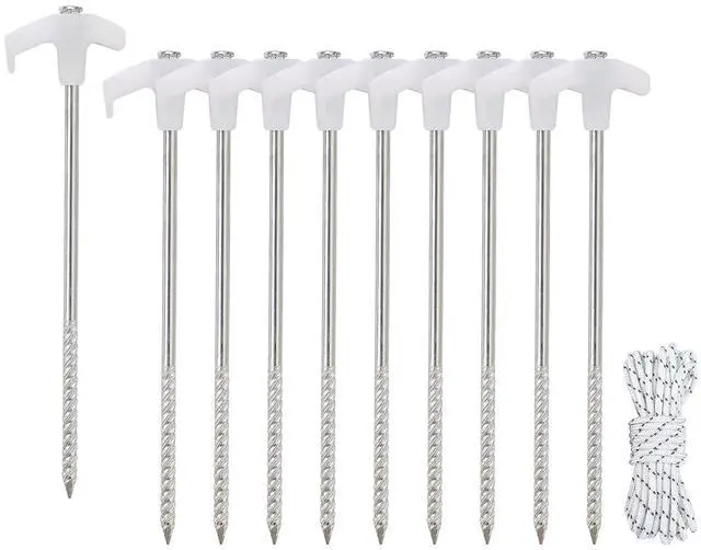 Main image of Heavy Duty Galvanized Non-Rust Camping Tent Stakes with 4x10ft Ropes, Steel Stake Pegs for Canopy Gazebo,10pc-Pack, Fluorescent White