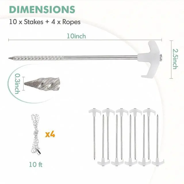 Alt view image 3 of 7 - Heavy Duty Galvanized Non-Rust Camping Tent Stakes with 4x10ft Ropes, Steel Stake Pegs for Canopy Gazebo,10pc-Pack, Fluorescent White