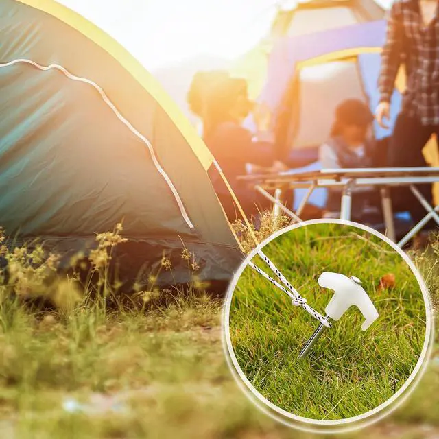 Alt view image 5 of 7 - Heavy Duty Galvanized Non-Rust Camping Tent Stakes with 4x10ft Ropes, Steel Stake Pegs for Canopy Gazebo,10pc-Pack, Fluorescent White