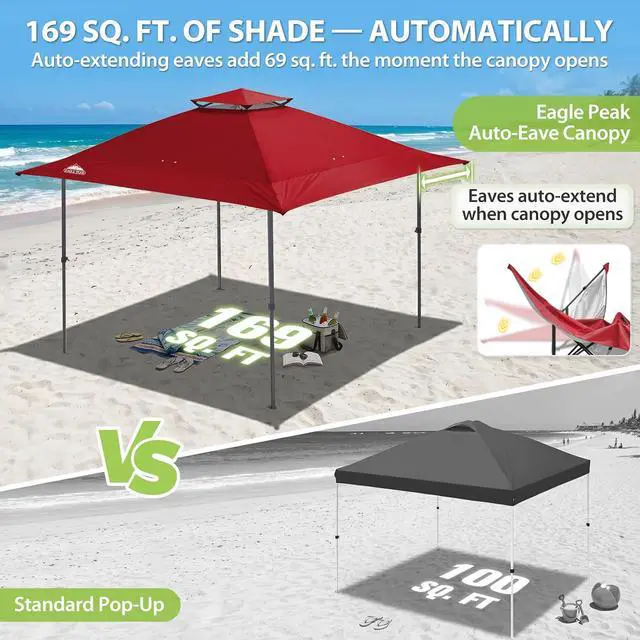 Alt view image 4 of 7 - 13x13 Straight Leg Pop Up Canopy Tent Instant Outdoor Canopy Easy Single Person Set up Folding Shelter w/Auto Extending Eaves 169 Square Feet of Shade (Red)