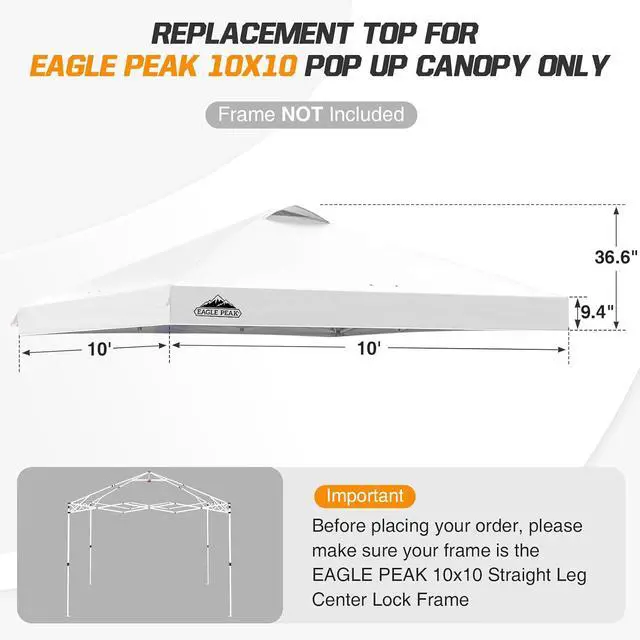 Alt view image 2 of 7 - Replacement Canopy Top for Eagle Peak 10x10 Straight Leg Pop Up Canopy Frame Only, Canopy Cover with Air Vent, UPF 50+, Frame NOT Included, White
