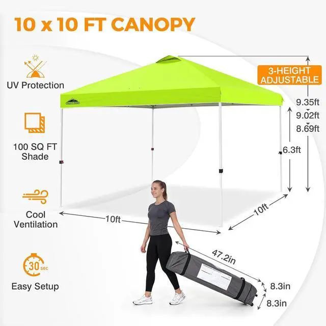 Alt view image 3 of 7 - Pop Up Canopy Tent with Wheeled Carry Bag, 8 Stakes, 4 Ropes, 4 Weight Bags, Easy Set Up Tent Canopy, 10x10 ft, 100sqft of Shade, Neon Green