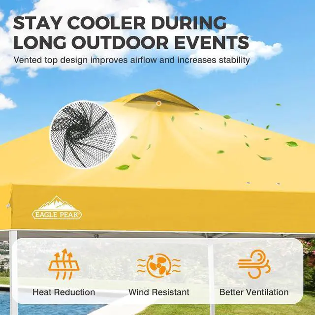 Alt view image 2 of 7 - Pop Up Canopy Tent with Wheeled Carry Bag, 8 Stakes, 4 Ropes, 4 Weight Bags, Easy Set Up Tent Canopy, 10x10 ft, 100sqft of Shade, Yellow