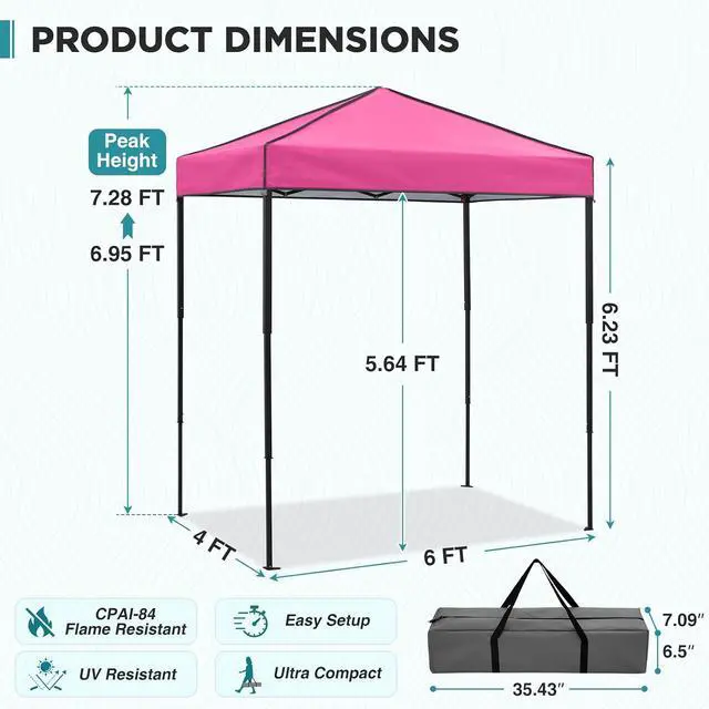 Alt view image 3 of 7 - 6x4 Instant Pop Up Canopy Tent, Straight Leg Sun Shelter, Portable Canopy with Carry Bag for Camping, Beach & Sports, Pink