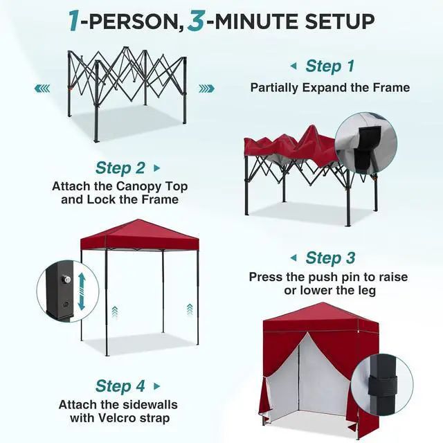 Alt view image 2 of 7 - 6x4 Instant Pop Up Canopy Tent with 4 Side Wall Panels, Straight Leg Sun Shelter, Portable Canopy with Carry Bag for Camping, Beach & Sports, Burgundy