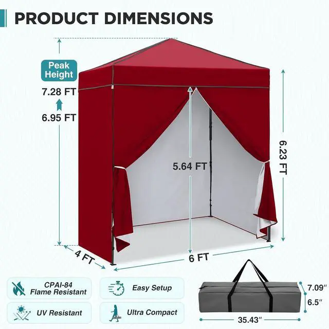 Alt view image 3 of 7 - 6x4 Instant Pop Up Canopy Tent with 4 Side Wall Panels, Straight Leg Sun Shelter, Portable Canopy with Carry Bag for Camping, Beach & Sports, Burgundy
