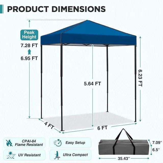 Alt view image 3 of 7 - 6x4 Instant Pop Up Canopy Tent, Straight Leg Sun Shelter, Portable Canopy with Carry Bag for Camping, Beach & Sports, Dark Blue