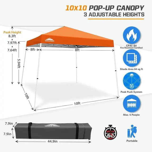 Alt view image 3 of 7 - 10x10 Slant Leg Pop-up Canopy Tent Easy One Person Setup Instant Outdoor Beach Canopy Folding Portable Sports Shelter 10x10 Base 8x8 Top (Orange)