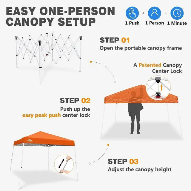 Alt view image 7 of 7 - 10x10 Slant Leg Pop-up Canopy Tent Easy One Person Setup Instant Outdoor Beach Canopy Folding Portable Sports Shelter 10x10 Base 8x8 Top (Orange)