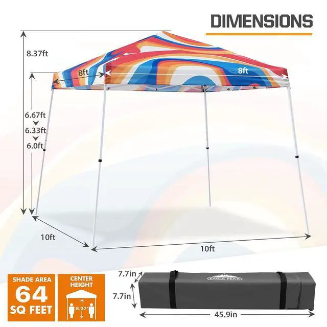 Alt view image 3 of 7 - 10x10 Slant Leg Pop-up Canopy Tent Easy One Person Setup Instant Outdoor Beach Canopy Folding Portable Sports Shelter 10x10 Base 8x8 Top (Swirl)