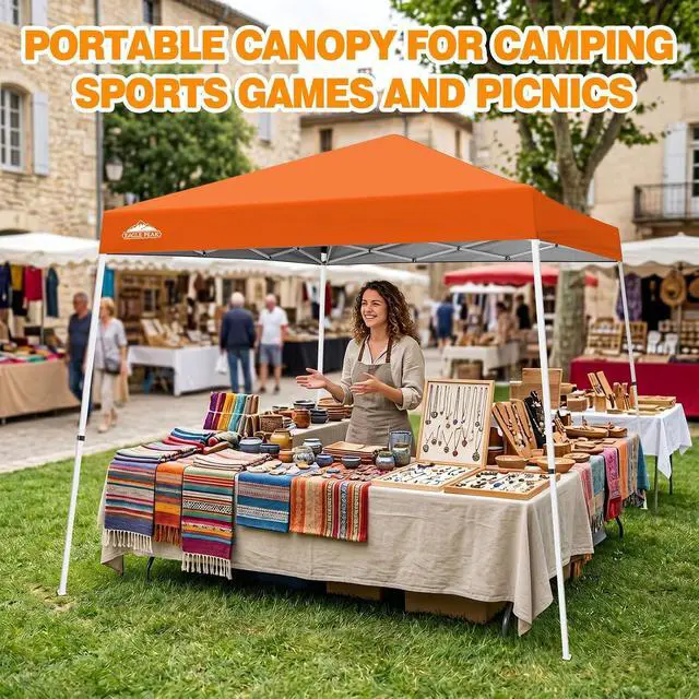 Alt view image 6 of 7 - 10x10 Slant Leg Pop-up Canopy Tent Easy One Person Setup Instant Outdoor Beach Canopy Folding Portable Sports Shelter 10x10 Base 8x8 Top (Orange)