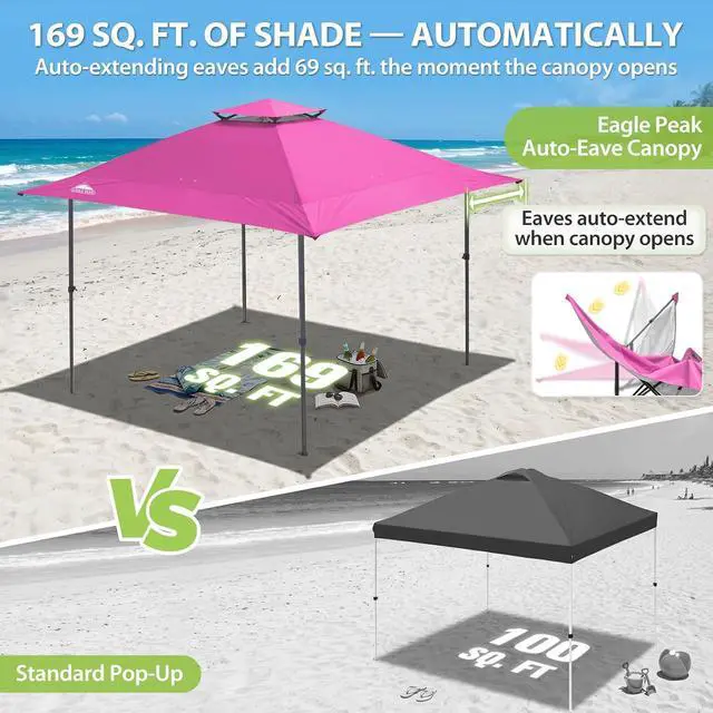 Alt view image 4 of 7 - 13x13 Straight Leg Pop Up Canopy Tent Instant Outdoor Canopy Easy Single Person Set up Folding Shelter w/Auto Extending Eaves 169 Square Feet of Shade (Light Pink)