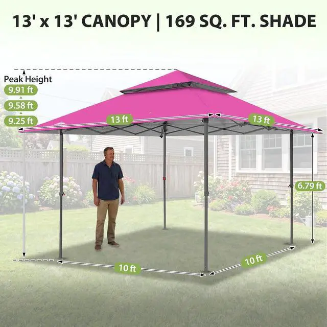 Alt view image 3 of 7 - 13x13 Straight Leg Pop Up Canopy Tent Instant Outdoor Canopy Easy Single Person Set up Folding Shelter w/Auto Extending Eaves 169 Square Feet of Shade (Light Pink)