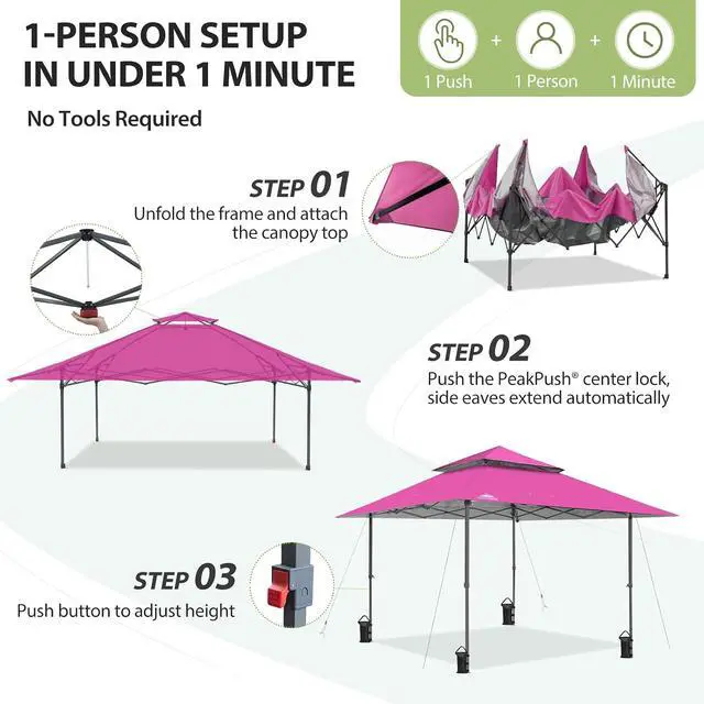 Alt view image 7 of 7 - 13x13 Straight Leg Pop Up Canopy Tent Instant Outdoor Canopy Easy Single Person Set up Folding Shelter w/Auto Extending Eaves 169 Square Feet of Shade (Light Pink)