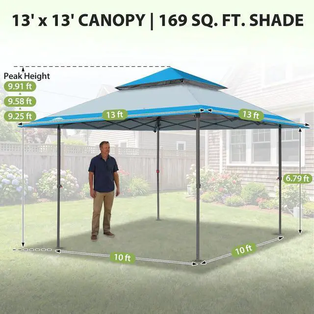 Alt view image 3 of 7 - 13x13 Straight Leg Pop Up Canopy Tent Instant Outdoor Canopy Easy Single Person Set up Folding Shelter w/Auto Extending Eaves 169 Square Feet of Shade (Light Blue)