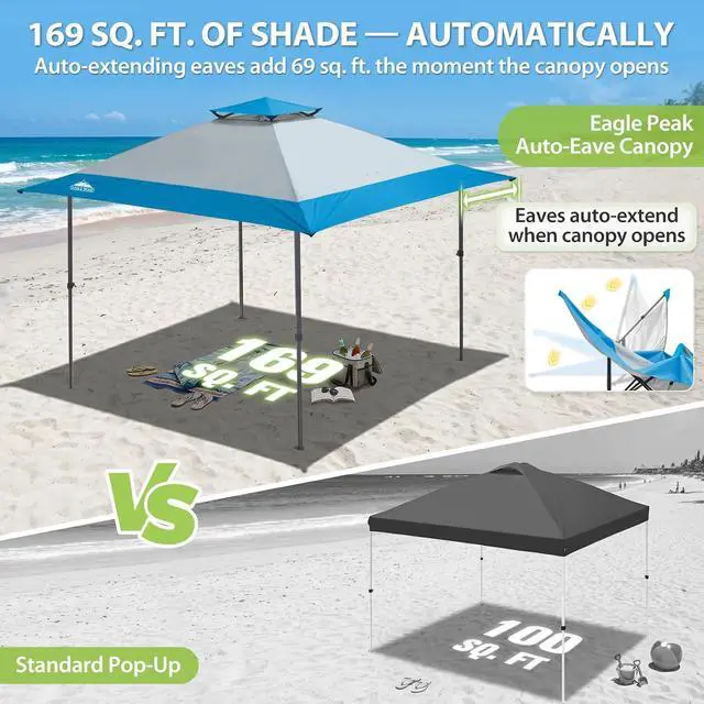 Alt view image 4 of 7 - 13x13 Straight Leg Pop Up Canopy Tent Instant Outdoor Canopy Easy Single Person Set up Folding Shelter w/Auto Extending Eaves 169 Square Feet of Shade (Light Blue)