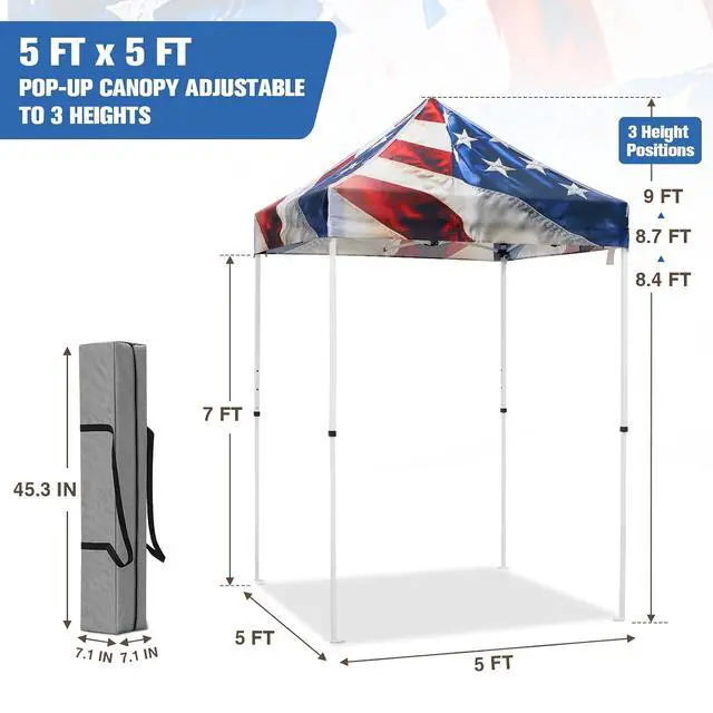 Alt view image 3 of 7 - 5x5 Pop Up Canopy Tent Instant Outdoor Canopy Easy Set-up Straight Leg Folding Shelter, Stars and Stripes