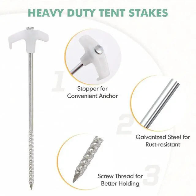 Alt view image 6 of 7 - Heavy Duty Galvanized Non-Rust Camping Tent Stakes with 4x10ft Ropes, Steel Stake Pegs for Canopy Gazebo,10pc-Pack, Fluorescent White