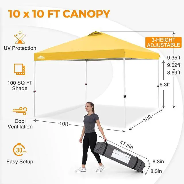 Alt view image 3 of 7 - Pop Up Canopy Tent with Wheeled Carry Bag, 8 Stakes, 4 Ropes, 4 Weight Bags, Easy Set Up Tent Canopy, 10x10 ft, 100sqft of Shade, Yellow