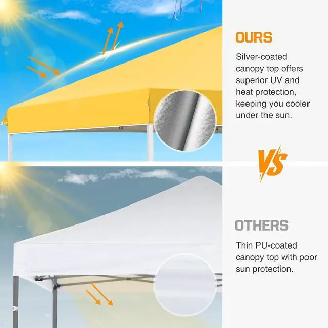 Alt view image 7 of 7 - Pop Up Canopy Tent with Wheeled Carry Bag, 8 Stakes, 4 Ropes, 4 Weight Bags, Easy Set Up Tent Canopy, 10x10 ft, 100sqft of Shade, Yellow