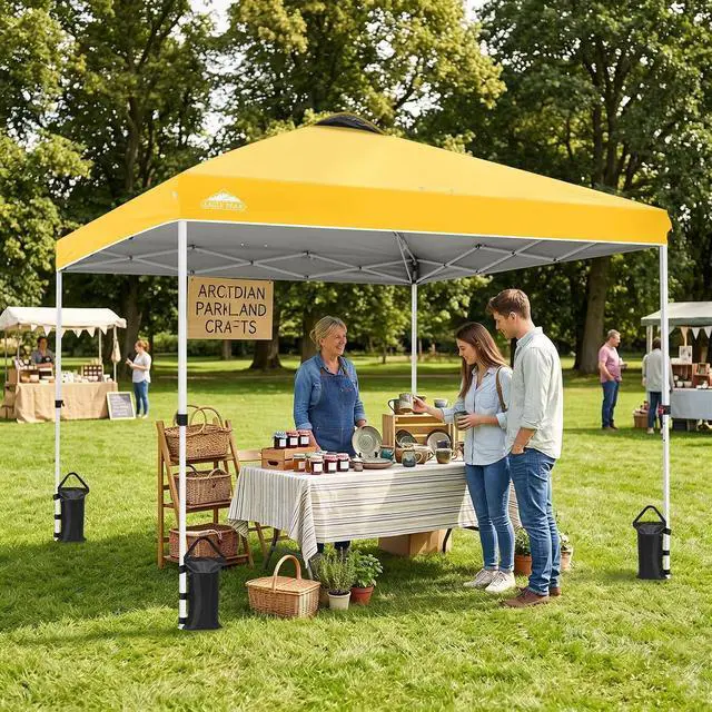 Alt view image 5 of 7 - Pop Up Canopy Tent with Wheeled Carry Bag, 8 Stakes, 4 Ropes, 4 Weight Bags, Easy Set Up Tent Canopy, 10x10 ft, 100sqft of Shade, Yellow