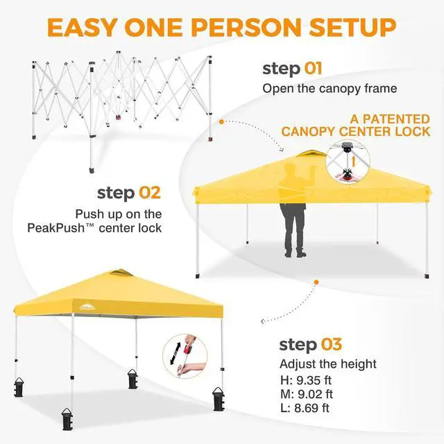 Alt view image 6 of 7 - Pop Up Canopy Tent with Wheeled Carry Bag, 8 Stakes, 4 Ropes, 4 Weight Bags, Easy Set Up Tent Canopy, 10x10 ft, 100sqft of Shade, Yellow