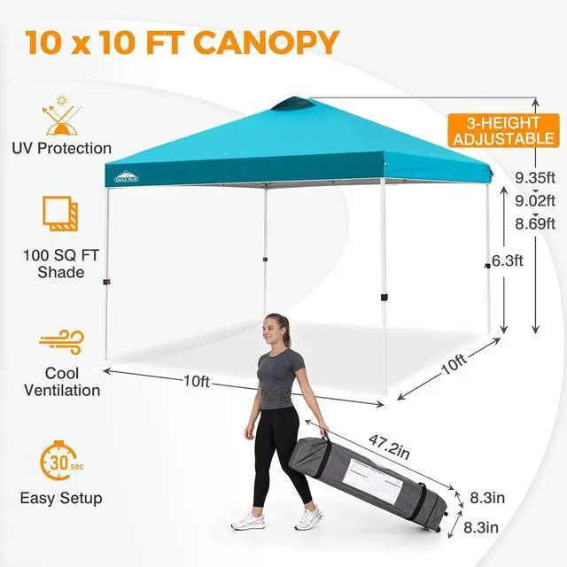 Alt view image 3 of 7 - Pop Up Canopy Tent with Wheeled Carry Bag, 8 Stakes, 4 Ropes, 4 Weight Bags, Easy Set Up Tent Canopy, 10x10 ft, 100sqft of Shade, Turquoise