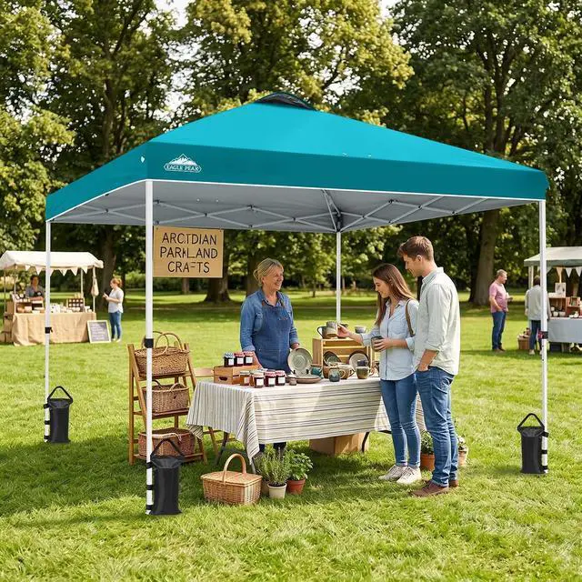 Alt view image 5 of 7 - Pop Up Canopy Tent with Wheeled Carry Bag, 8 Stakes, 4 Ropes, 4 Weight Bags, Easy Set Up Tent Canopy, 10x10 ft, 100sqft of Shade, Turquoise