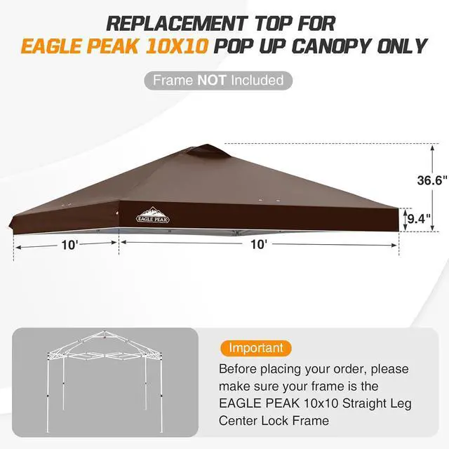 Alt view image 2 of 7 - Replacement Canopy Top for Eagle Peak 10x10 Straight Leg Pop Up Canopy Frame Only, Canopy Cover with Air Vent, UPF 50+, Frame NOT Included, Dark Brown