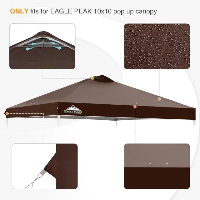 Alt view image 4 of 7 - Replacement Canopy Top for Eagle Peak 10x10 Straight Leg Pop Up Canopy Frame Only, Canopy Cover with Air Vent, UPF 50+, Frame NOT Included, Dark Brown