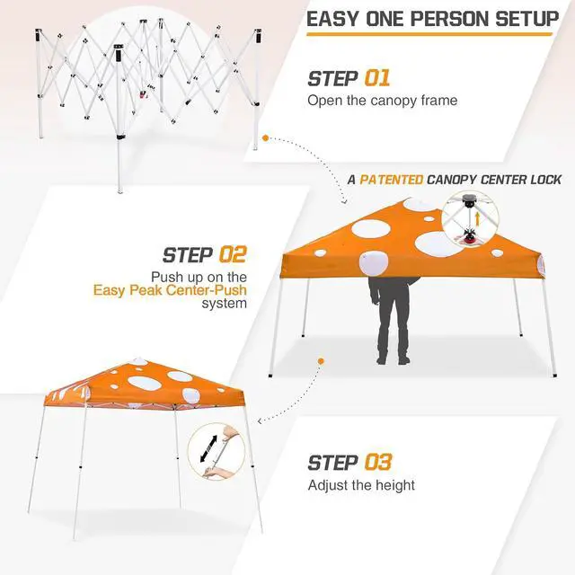 Alt view image 2 of 7 - 10x10 Slant Leg Pop-up Canopy Tent Easy One Person Setup Instant Outdoor Beach Canopy Folding Portable Sports Shelter 10x10 Base 8x8 Top (Orange Mushroom)