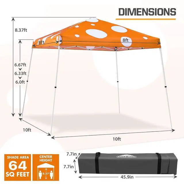 Alt view image 3 of 7 - 10x10 Slant Leg Pop-up Canopy Tent Easy One Person Setup Instant Outdoor Beach Canopy Folding Portable Sports Shelter 10x10 Base 8x8 Top (Orange Mushroom)