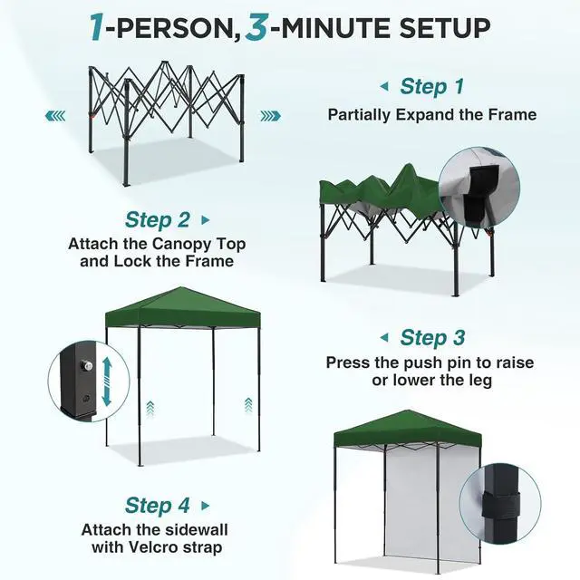 Alt view image 2 of 7 - 6x4 Instant Pop Up Canopy Tent with 1 Side Wall Panel, Straight Leg Sun Shelter, Portable Canopy with Carry Bag for Camping, Beach & Sports, Green