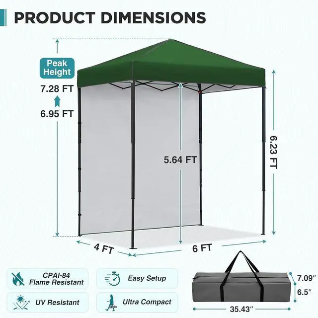 Alt view image 3 of 7 - 6x4 Instant Pop Up Canopy Tent with 1 Side Wall Panel, Straight Leg Sun Shelter, Portable Canopy with Carry Bag for Camping, Beach & Sports, Green