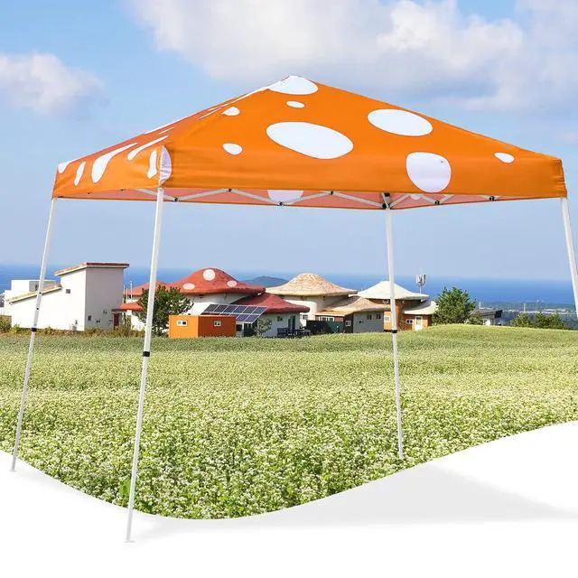Alt view image 5 of 7 - 10x10 Slant Leg Pop-up Canopy Tent Easy One Person Setup Instant Outdoor Beach Canopy Folding Portable Sports Shelter 10x10 Base 8x8 Top (Orange Mushroom)
