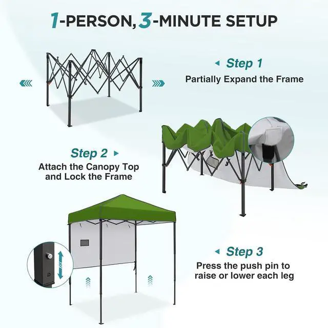 Alt view image 2 of 7 - 6x4 Instant Pop Up Canopy Tent with 1 Half Wall Panel, Straight Leg Sun Shelter, Portable Canopy with Carry Bag for Camping, Beach & Sports, Grass Green