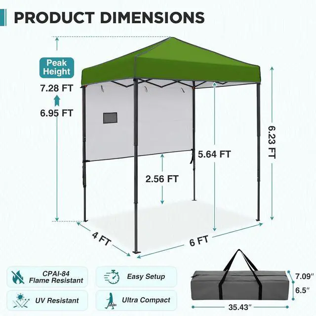 Alt view image 3 of 7 - 6x4 Instant Pop Up Canopy Tent with 1 Half Wall Panel, Straight Leg Sun Shelter, Portable Canopy with Carry Bag for Camping, Beach & Sports, Grass Green