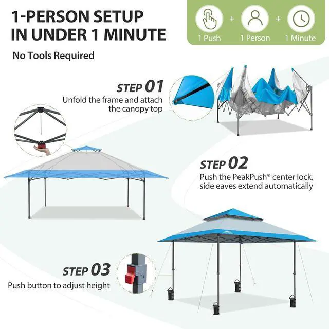 Alt view image 7 of 7 - 13x13 Straight Leg Pop Up Canopy Tent Instant Outdoor Canopy Easy Single Person Set up Folding Shelter w/Auto Extending Eaves 169 Square Feet of Shade (Light Blue)