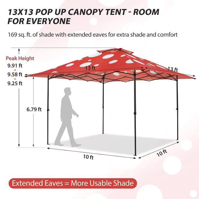 Alt view image 3 of 7 - 13x13 Straight Leg Pop Up Canopy Tent Instant Outdoor Canopy Easy Single Person Set up Folding Shelter w/Auto Extending Eaves 169 Square Feet of Shade (Red Mushroom)
