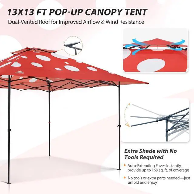 Alt view image 4 of 7 - 13x13 Straight Leg Pop Up Canopy Tent Instant Outdoor Canopy Easy Single Person Set up Folding Shelter w/Auto Extending Eaves 169 Square Feet of Shade (Red Mushroom)