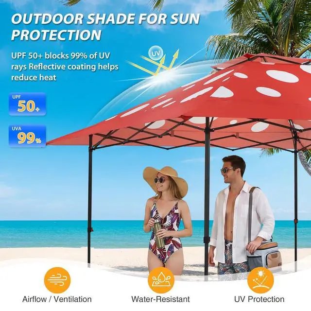 Alt view image 7 of 7 - 13x13 Straight Leg Pop Up Canopy Tent Instant Outdoor Canopy Easy Single Person Set up Folding Shelter w/Auto Extending Eaves 169 Square Feet of Shade (Red Mushroom)